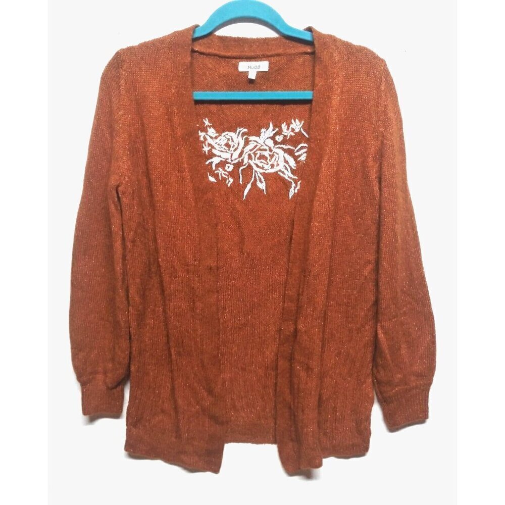 VTG Mudd Cardigan Sweater Open Front Rust color Sz L womens back embroidery cozy